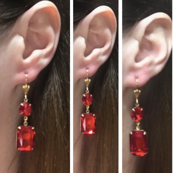 Tudors Anne Boleyn Gold & Double Ruby Renaissance Earrings, Handmade Replicas - Picture 3 of 14